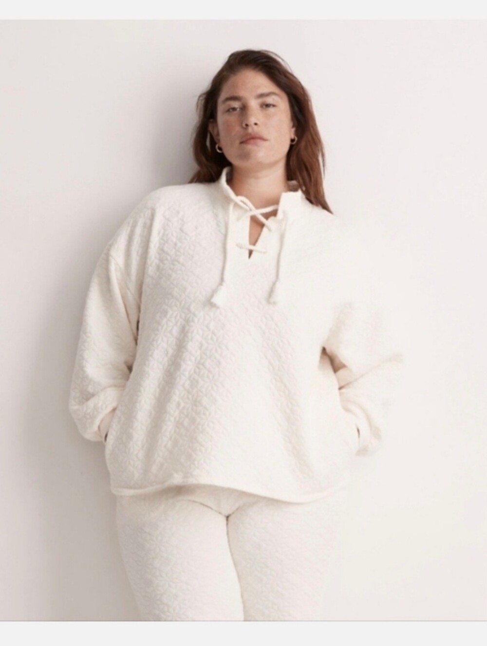 Madewell | Quilted Antique White Lace Up Pullover Top Sweater Womens XXL